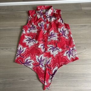 JOIE Top Blouse Womens XS‎ Red Purple White Sleeveless Collared Neck Front Tie